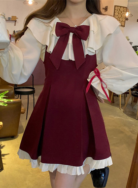 2024autumn women long sleeve bow red dress ladies dressesXXL