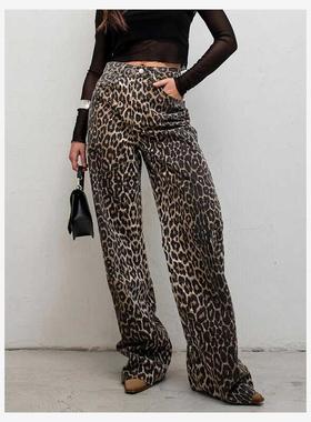 Leopard print casual pants时尚性感街头风高腰直筒豹纹休闲长裤