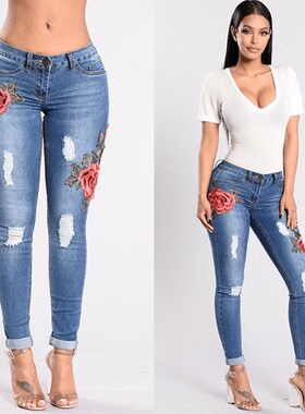 2018Fashion elastic jeans ripped women ladies jeans pants女
