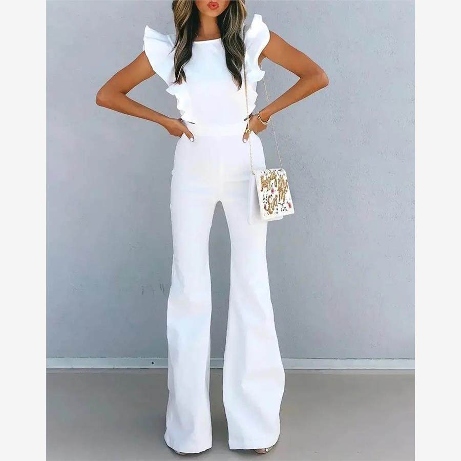 Women ruffled backless Jumpsuit 时尚荷叶边露背直筒连体裤欧美