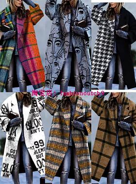 2023 color blocking plaid printed woolen coat 印花呢子大衣