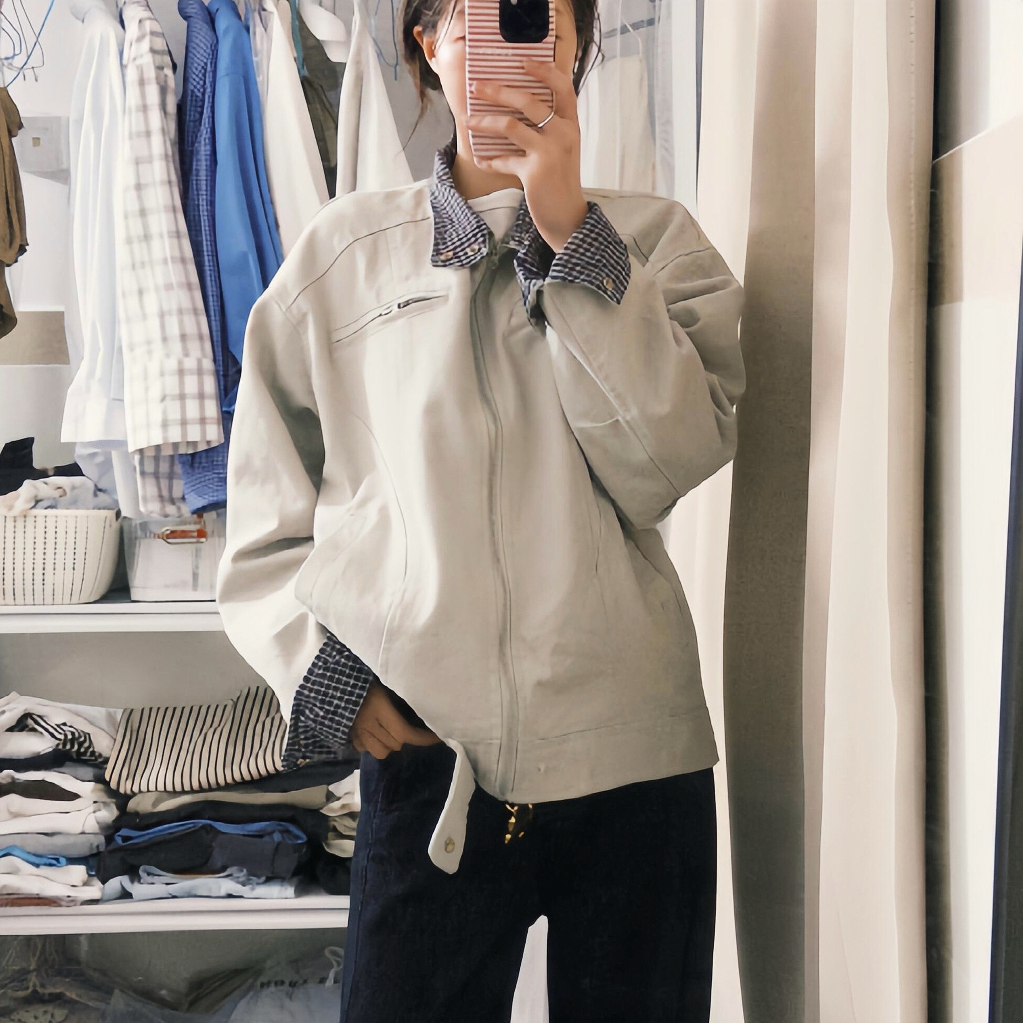 港风复古格纹撞色翻领工装夹克外套女春秋新款百搭休闲宽松上衣潮