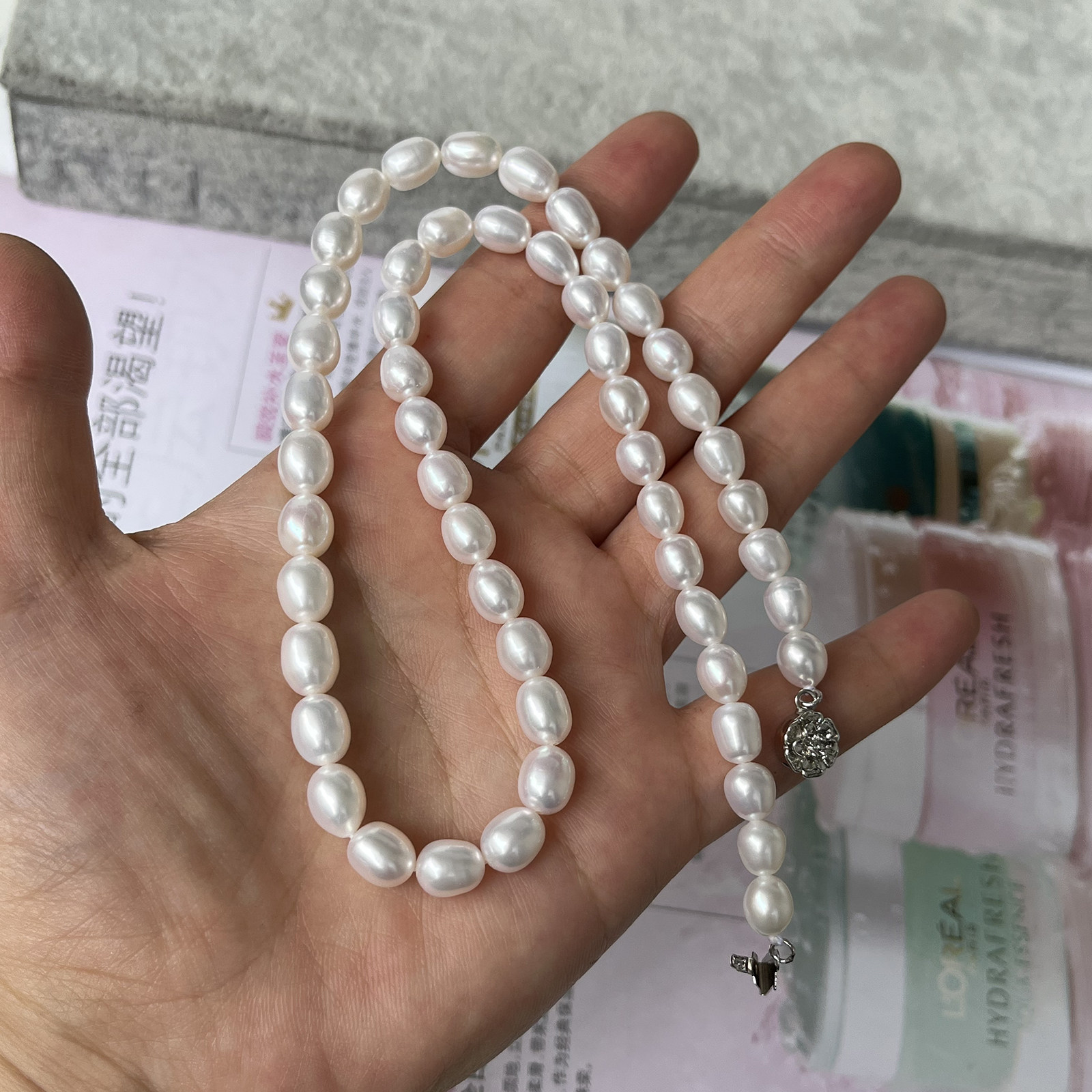 7-8mm强光白亮米形天然淡水珍珠项链