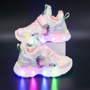 爆款 带灯女童鞋子2025秋冬新款皮面保暖儿童运动鞋百搭公主跑步