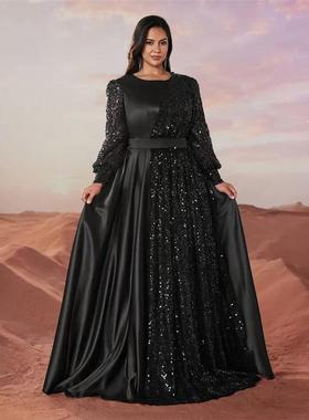 Plus size Long Sleeves Sequin A-line Evening Dress Prom Gown