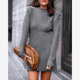 亚马逊跨境2022秋冬新款净色打底圆领针织毛衣长袖短款大码连衣裙