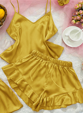 欧美冰丝吊带短裤睡衣家居服套装女 Homewear Pajama Set Women