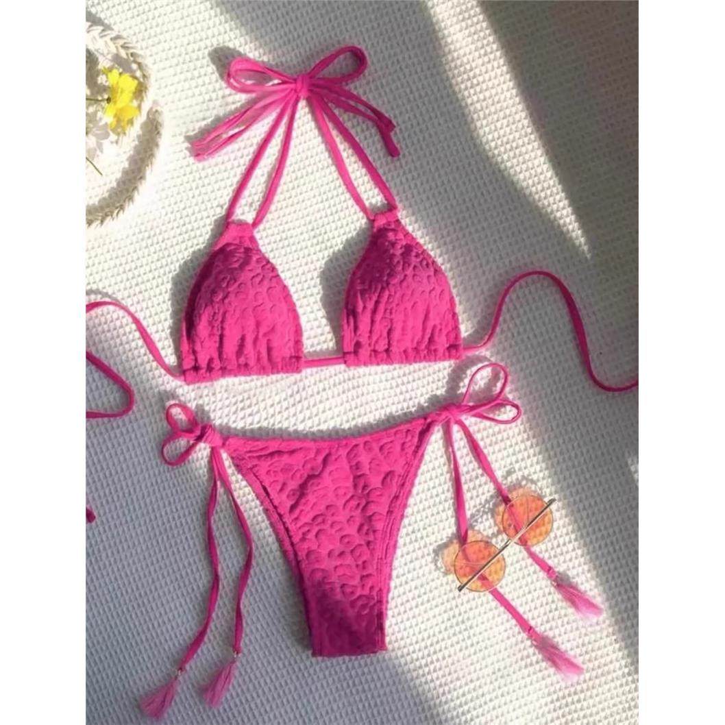 系带挂脖浮雕比基尼玫粉色大胸小胸分体泳衣抽绳可调节泳装bikini