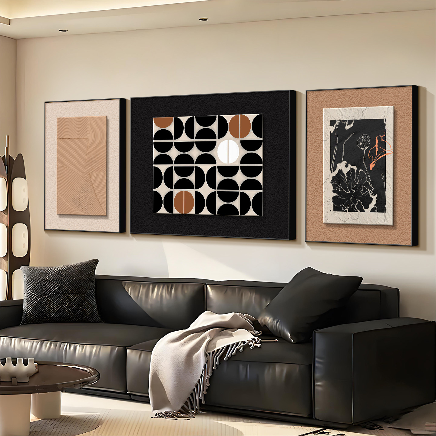 中古风几何抽象沙发背景墙装饰画高级感艺术壁画简约客厅三联挂画
