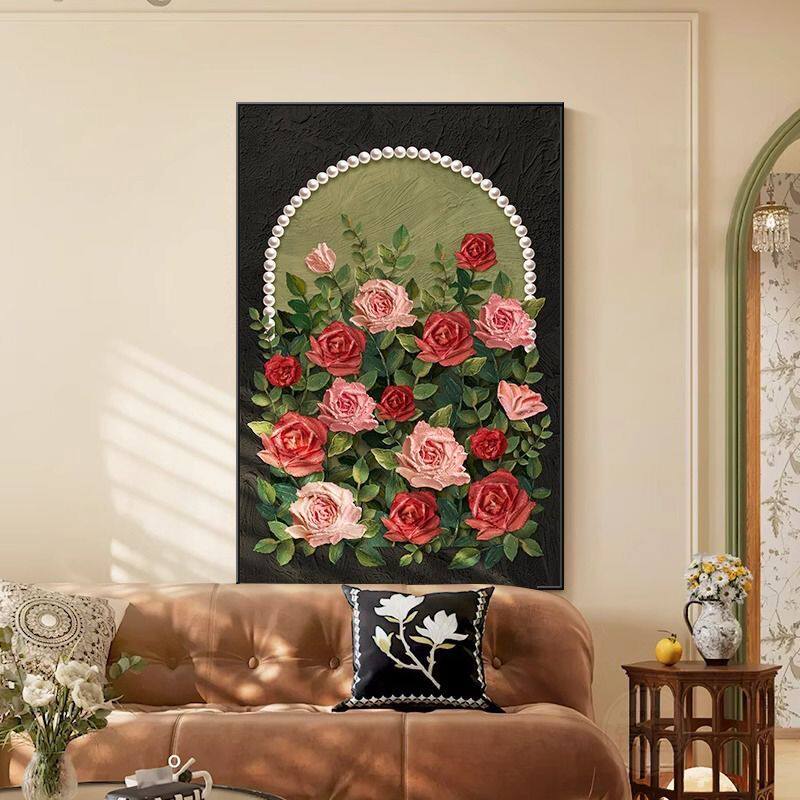 中古风客厅装饰画法式复古壁画珍珠玫瑰小众奶油风沙发背景墙挂画