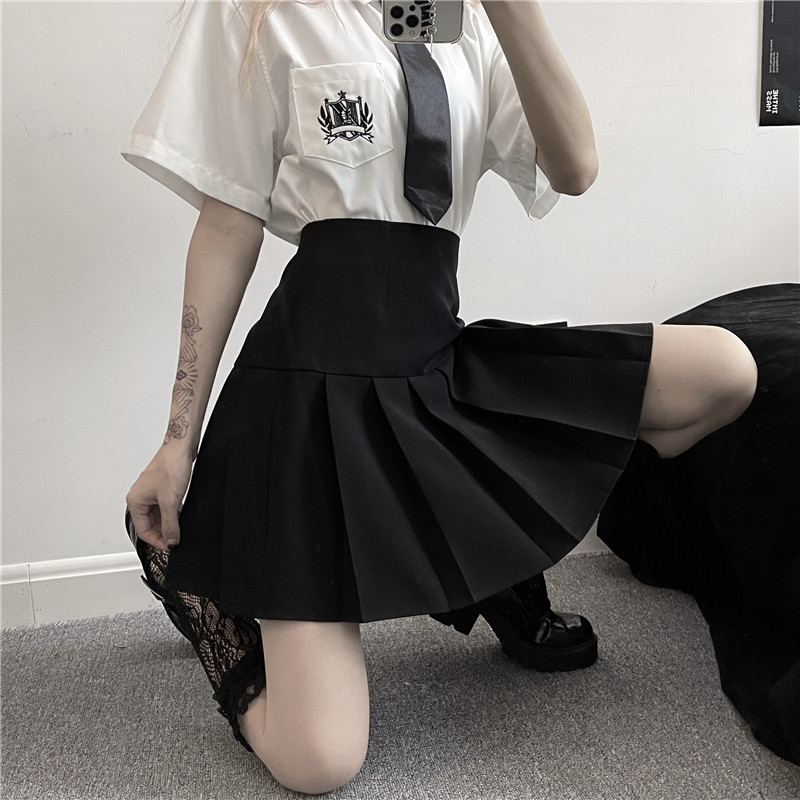 黑色百褶裙半身裙女夏jk制服裙大码胖m遮肉显瘦a字裙百搭西装短裙