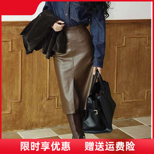港风复古高腰前开叉皮裙大码半身裙女秋冬直筒包臀裙中长款一步裙