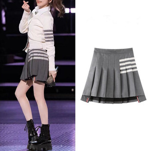 王心凌同款tb百褶裙女大码前短后长a字半身裙四条杠学院风jk短裙