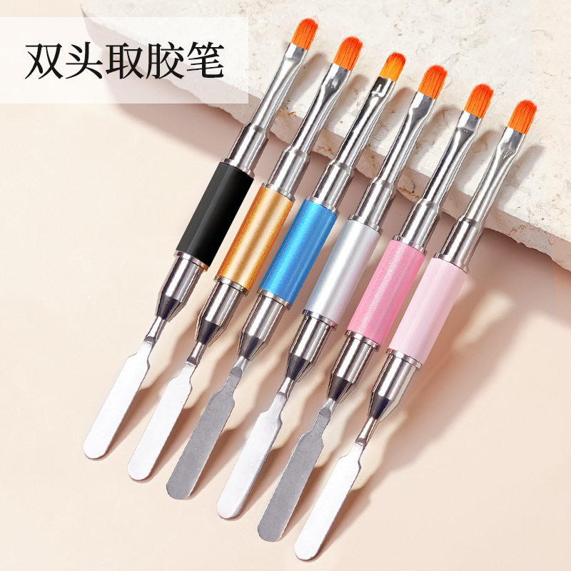 美甲光疗笔双头两用圆头平口取胶笔带钢推压花调色棒美甲笔批发