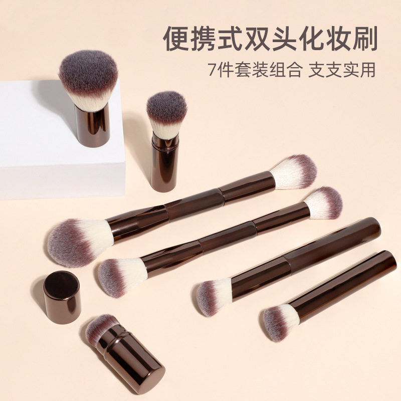 跨境新款双头化妆刷斜头粉底刷散粉刷腮红刷带盖可伸缩美妆工具