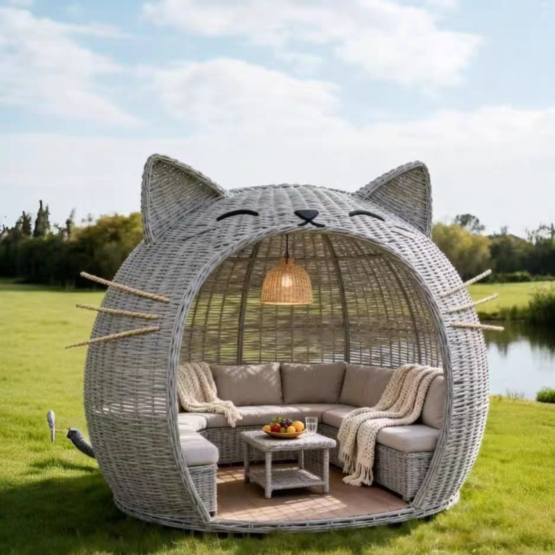 户外网红打卡休闲创意藤编猫咪造型凉亭定制景区民宿藤编凉亭景观