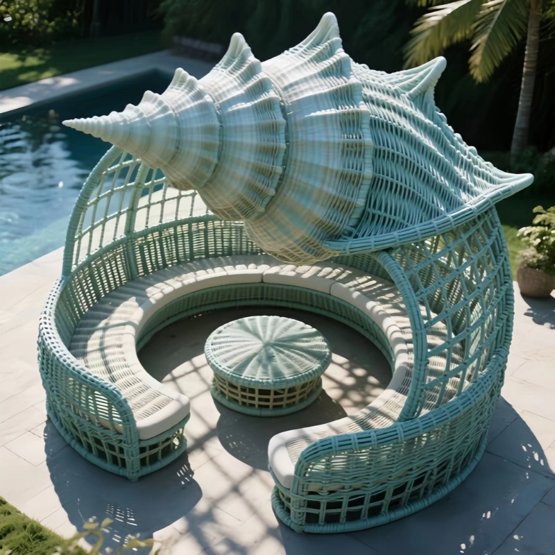 户外网红沙滩藤编海螺贝壳造型凉亭景区民宿露营基地打卡拍照景观