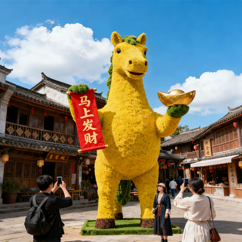 2026马年仿真绿雕马造型景观摆件商业街景区春节户外大型打卡美陈