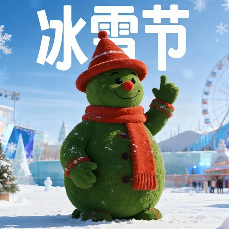网红绿雕雪人仿真绿雕滑雪场景区装饰摆件圣诞雪人户外景区打卡