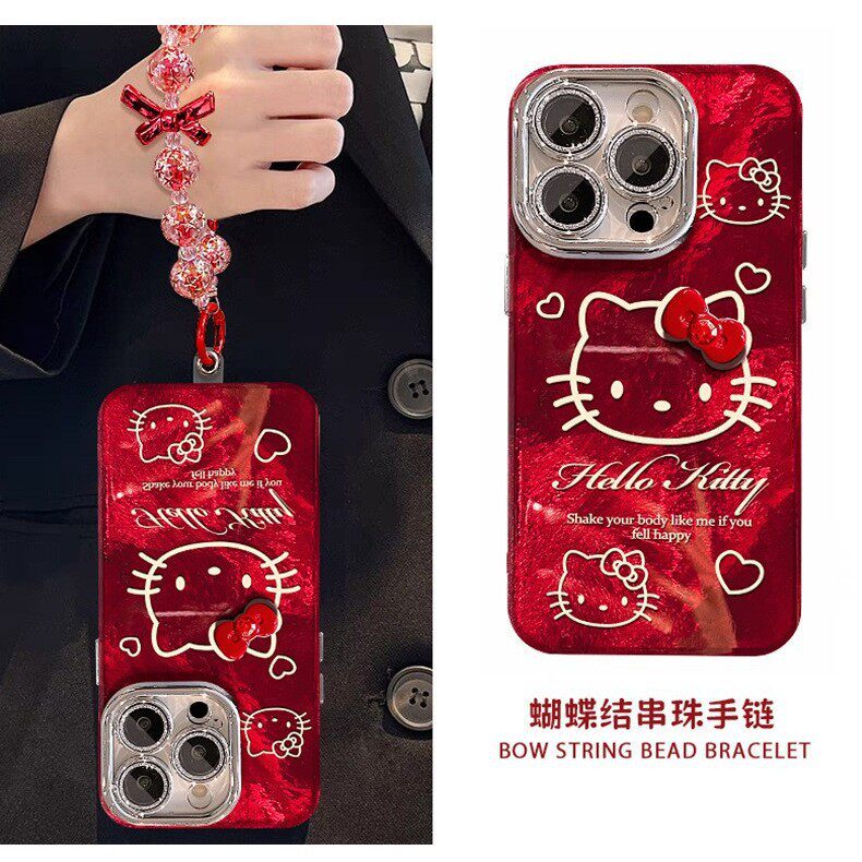 HelloKitty带手链挂绳苹果17pro手机壳16漩涡15plus软壳iPhone13保护壳14创意防摔12可爱红色kt猫X少女心Air