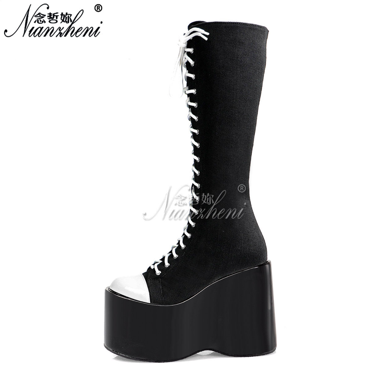 高筒靴13cm超高跟鞋黑白拼色绒面绑带包头cos漫展舞台演出甜辣风