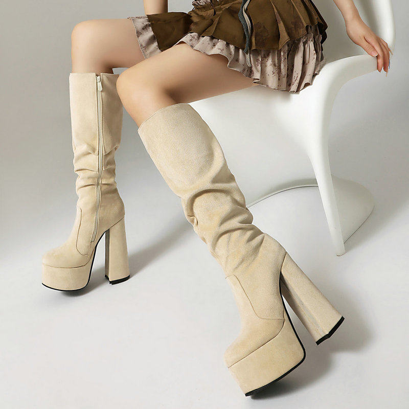 舞台演出高跟鞋粗跟防水台绒面高筒靴褶皱不过膝长靴15cm超高跟鞋