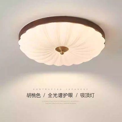 卧室灯胡桃木吸顶灯实木中古风复古圆形天花房间主卧2024中山灯具