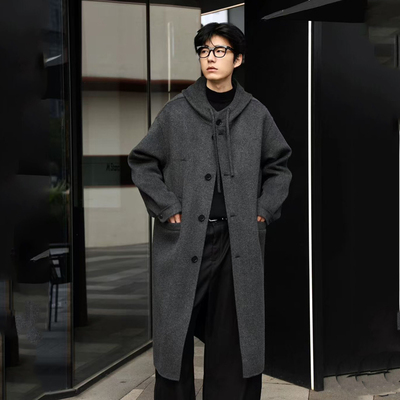 2025冬季新款时尚潮流韩版男士长款过膝连帽双面羊绒毛呢大衣外套