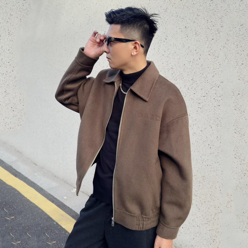 2025冬季新款时尚百搭翻领男士毛呢大衣潮流宽松青年双面羊绒外套