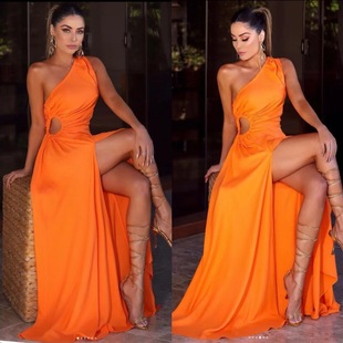 women orange temperament single shoulder sexy dress summer