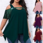 sleeved Women New Beaded Short plus shirt Summer size tops