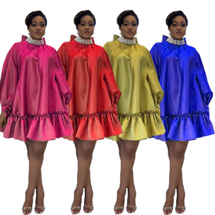 女裙 girl Loose pearl collage dress round neck bubble skirt