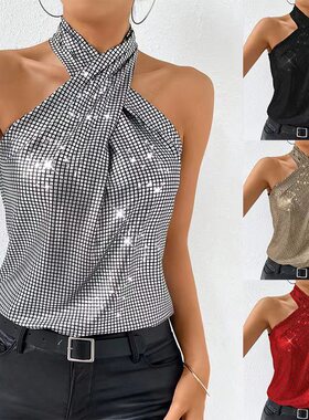 Sexy sequin hanging neck suspender women's top vest women's