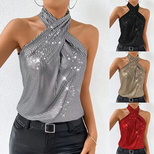 neck suspender women Sexy top hanging vest sequin