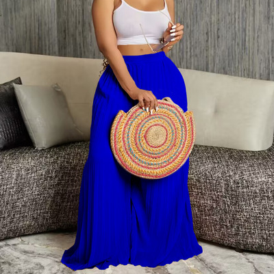 Summer women temperament high waisted Pleated wide leg pants