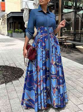 New plus size women fashion printed casual denim long dress