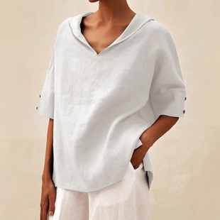 上衣女 cotton loose hooded linen and shirt New top women