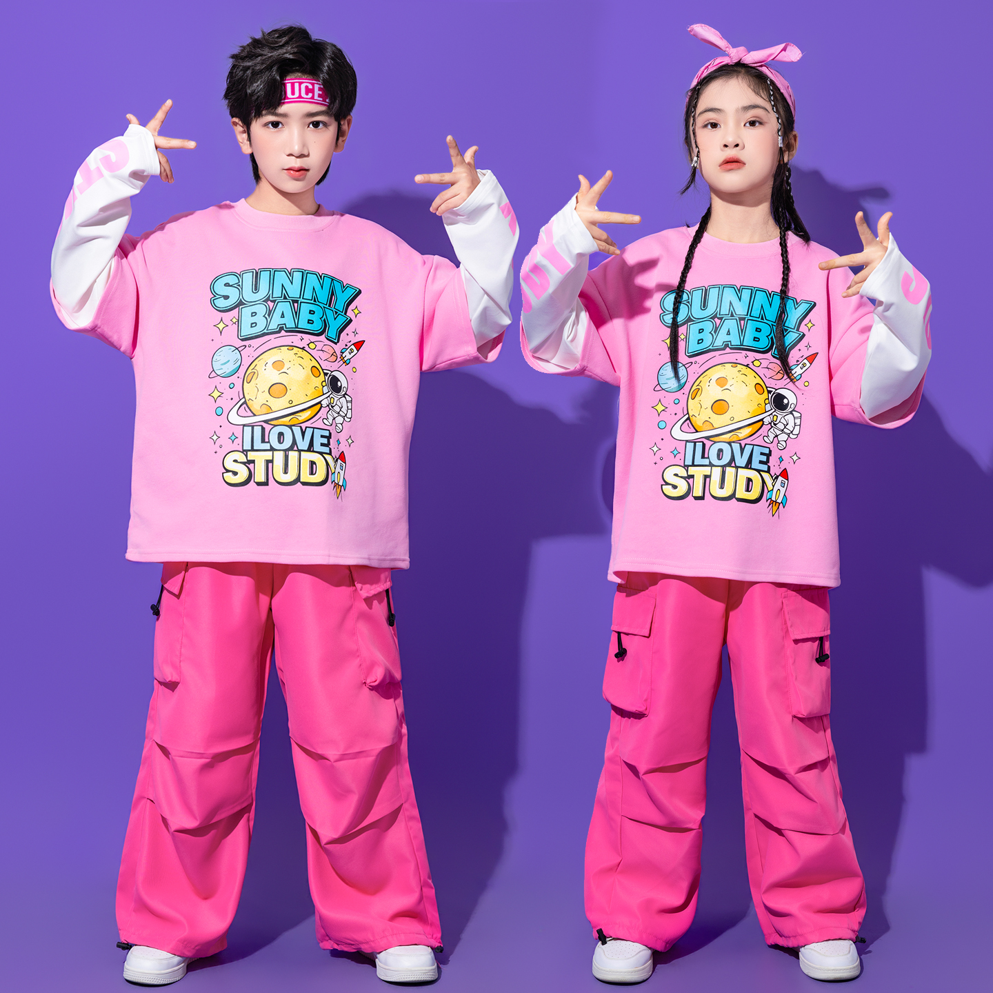 潮牌儿童嘻哈粉色运动会演出服