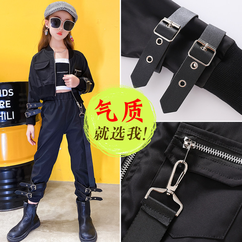 机车风女童走秀潮服个性儿童架子鼓表演韩版霸气衣服暗黑酷帅童装