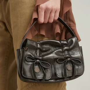 2025春夏新款百搭复古做旧蝴蝶结褶皱手拎包单肩斜挎包包女包潮