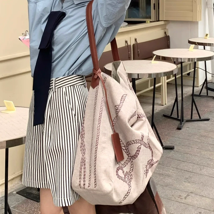 小众设计复古印花帆布单肩包大容量手提包时尚女包单肩包托特包潮