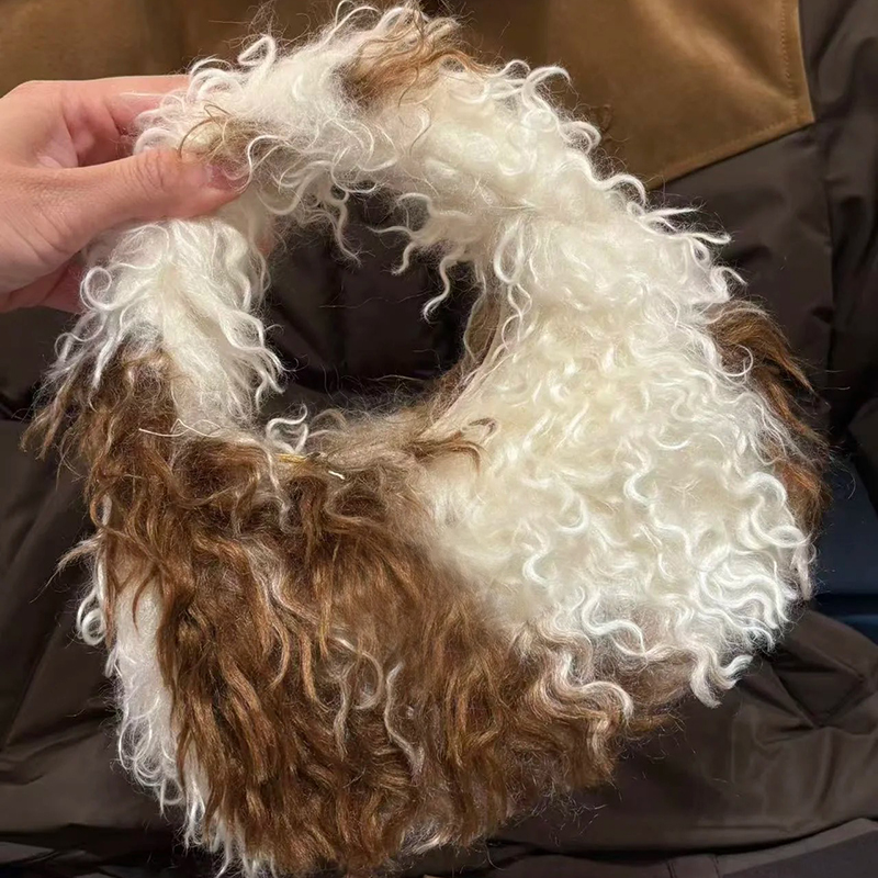 明星张元英同款毛绒手提包时尚百搭潮流单肩腋下包毛茸茸拼色女包