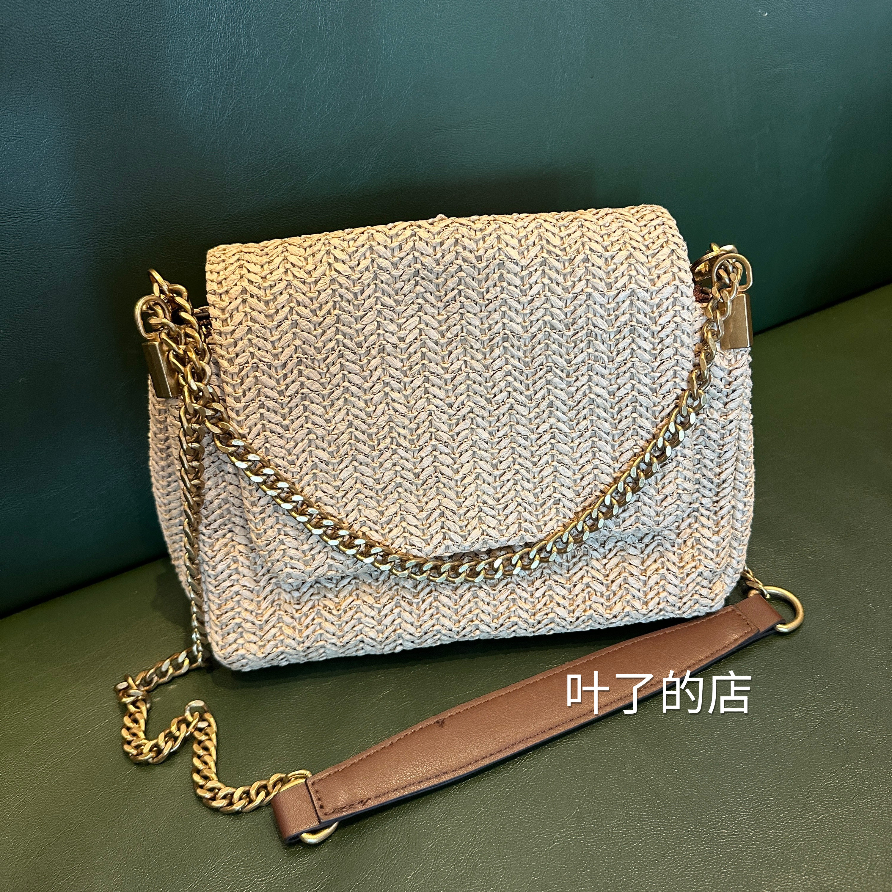柜货草编包!女士草编斜挎包休闲女式链条沙滩包手提包女多隔层