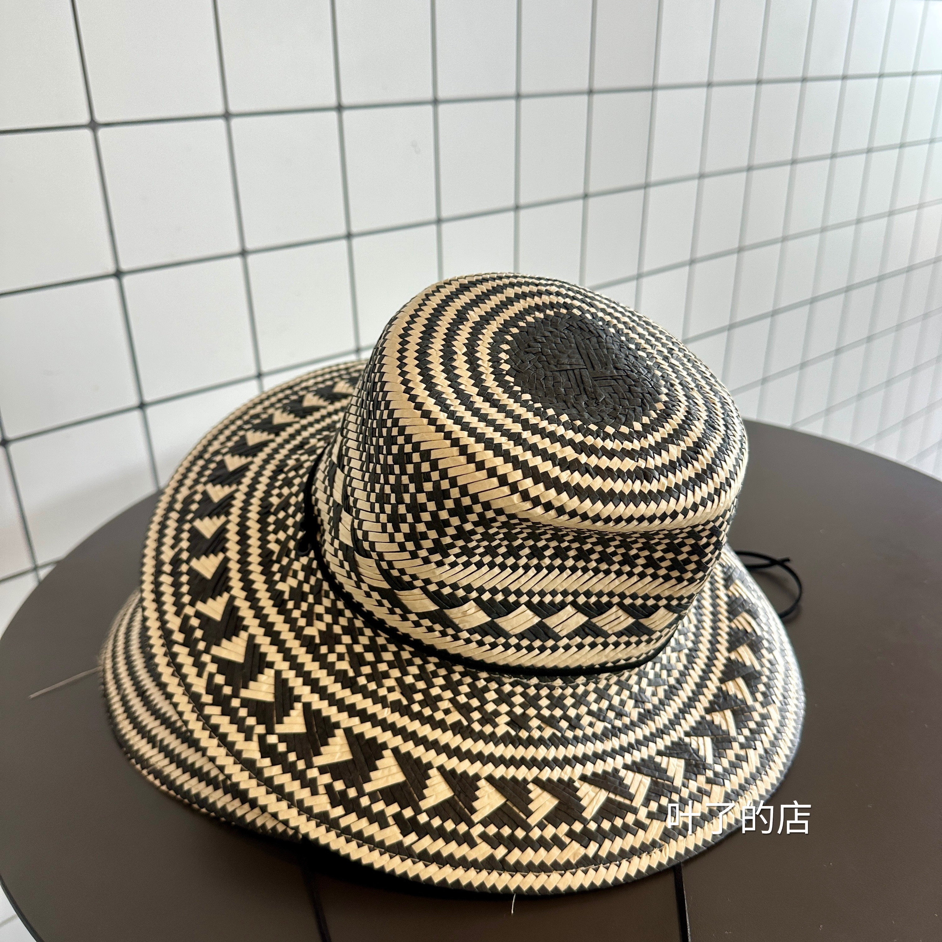 设计款 儿童亲子款复古草帽度假平沿黑白花纹大檐防晒沙滩遮阳帽