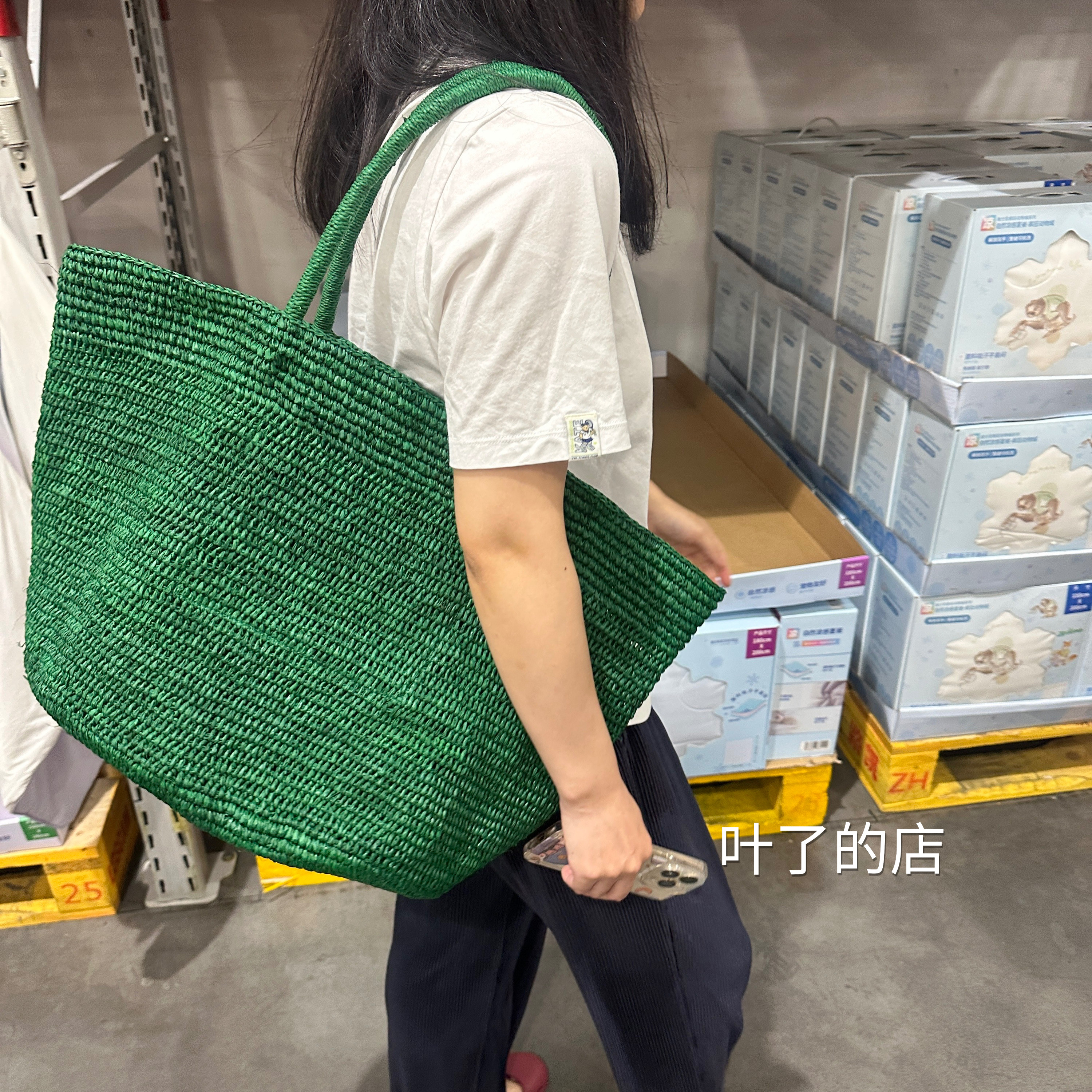 祖母绿春夏慵懒风手工编织拉菲草包女 超大容量托特包海边度假风