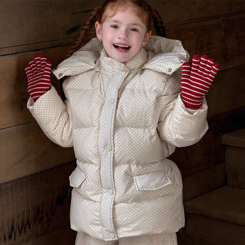 橙乐25冬 女童波点收腰连帽羽绒服 女童超暖厚实中长款白鸭绒外套