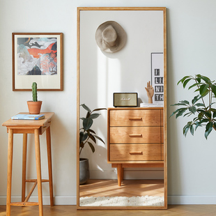 北欧日式 实木简约穿衣镜樱桃木壁挂落地全身镜超大防爆可移动镜子