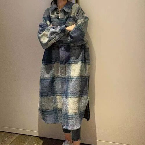秋冬装新款磨毛高档大码女装宽松格纹羊外套格子中长款大衣