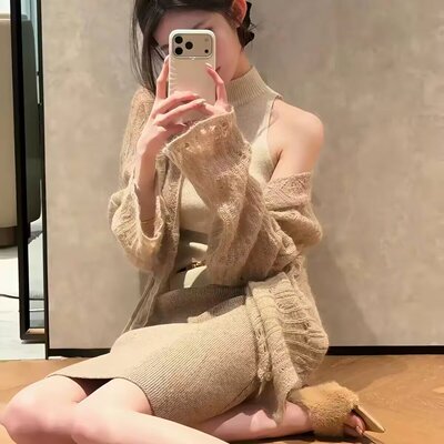 韩系轻熟高知穿搭一整套针织连衣裙子女2026新款早秋季包臀裙套装