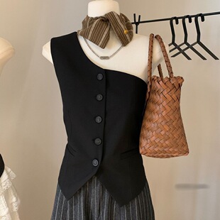 时尚 显瘦短款 上衣不规则斜肩无袖 马甲背心辣妹修身 上衣女 西装 夏季